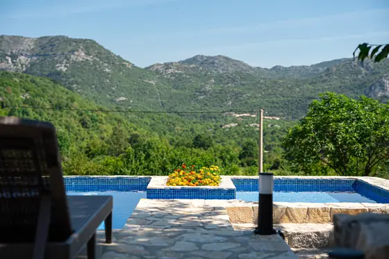 Pool, gardens and mountain views at Zen Relaxing Village glamping resort, Montenegro