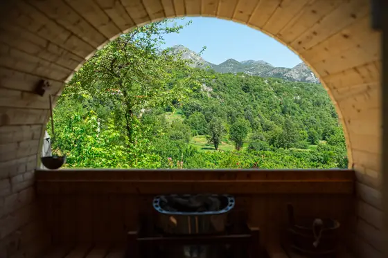 Pool, gardens and mountain views at Zen Relaxing Village glamping resort, Montenegro